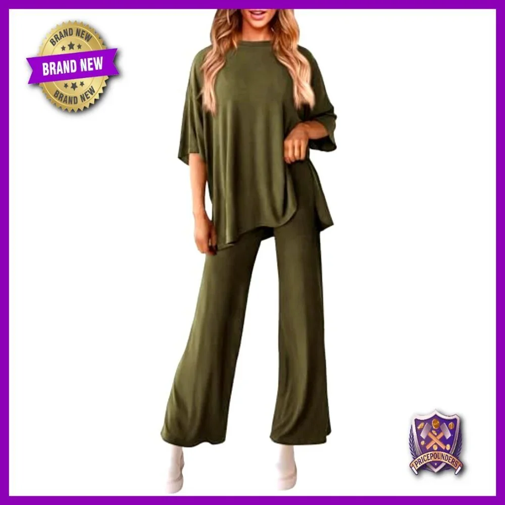 Two Piece Lounge Set Wide Leg Pants Crewneck Top Comfortable Knit Matching